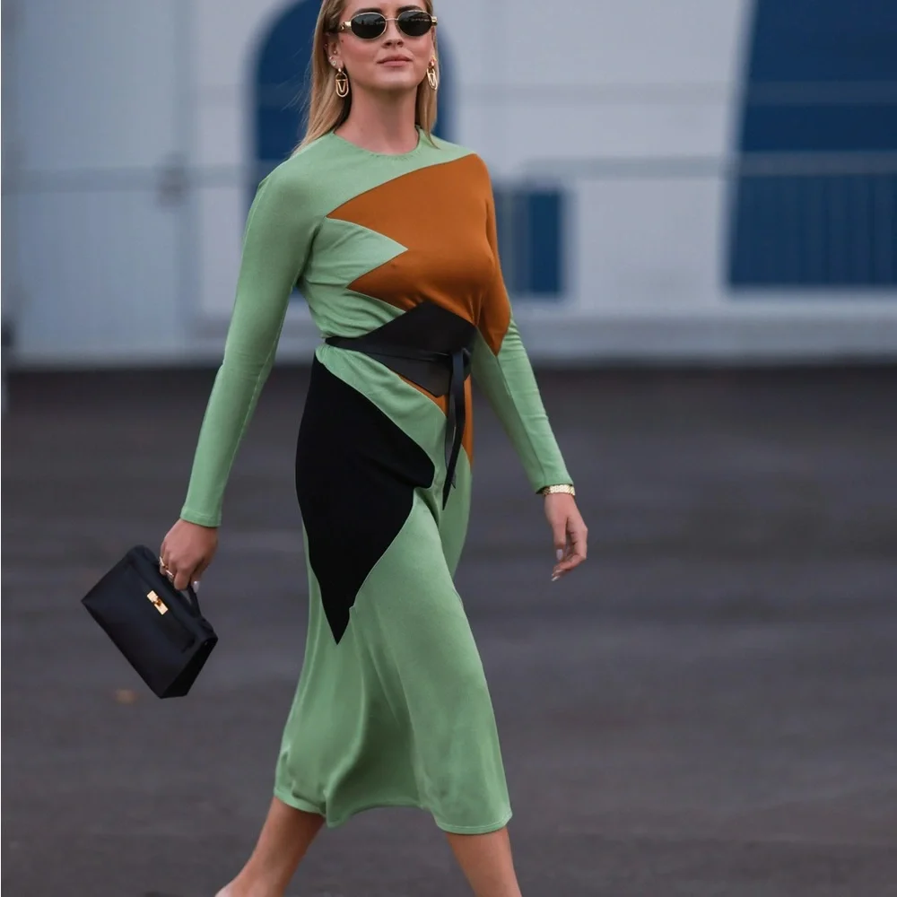 Tory Burch Colorblock Honeycomb Jersey Dress Size 0 Runway Geometric Green - Picture 13 of 13